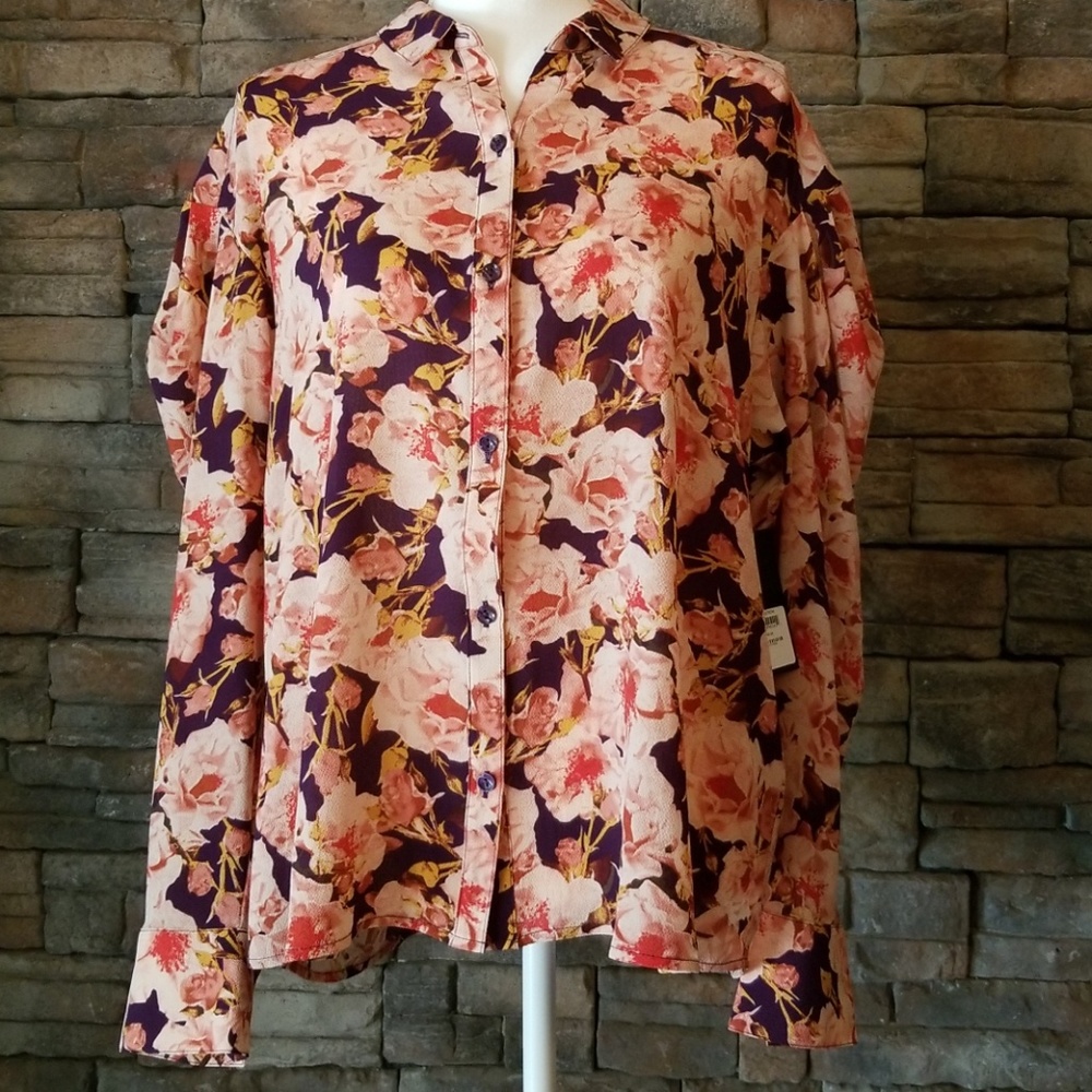 NWT Free Press Ruffle Shoulder Pink Floral Blouse - Picture 4 of 8